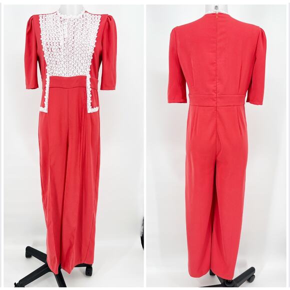 Vintage Jumpsuit 60s 70s Hand Made Wide Leg Womens Mediium Coral Red White Lace - Picture 1 of 13